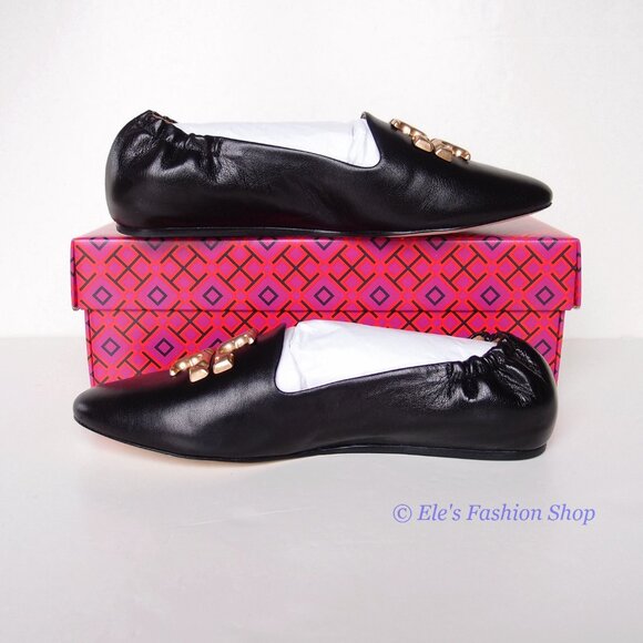 ❤️NIB Tory Burch Eleanor Loafer Leather Flat BLACK Gold US 7 7.5 8 8.5 9 9.5 10 - Picture 9 of 16